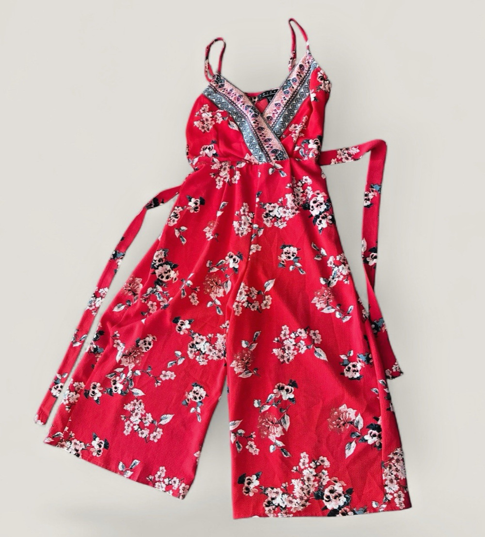 Trixxi Red Floral Boutique Jumpsuit Strappy Resort V-Neck Wrap Midi Sz S